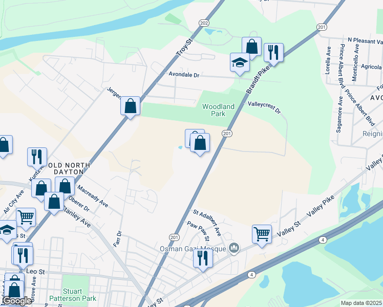 map of restaurants, bars, coffee shops, grocery stores, and more near 903 Ohio 201 in Dayton