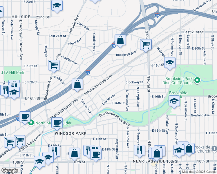 map of restaurants, bars, coffee shops, grocery stores, and more near 2243 Massachusetts Avenue in Indianapolis