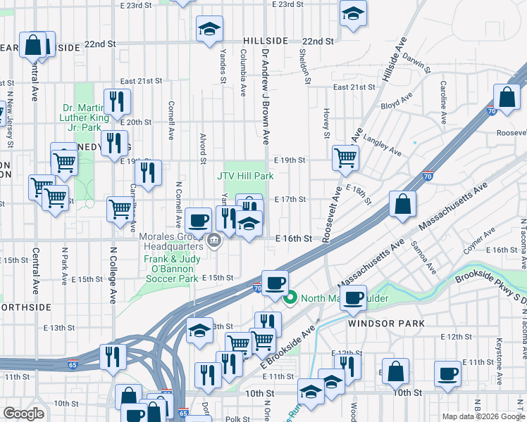 map of restaurants, bars, coffee shops, grocery stores, and more near 1317 East 17th Street in Indianapolis