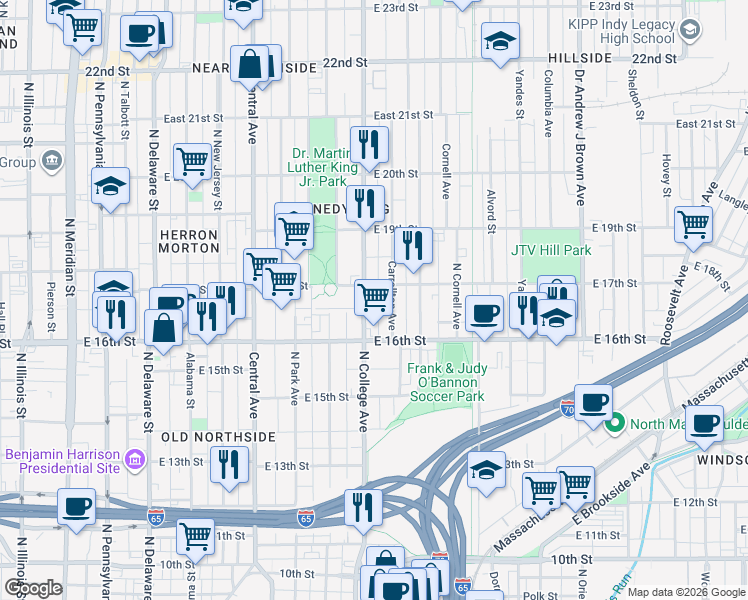 map of restaurants, bars, coffee shops, grocery stores, and more near 1704 North College Avenue in Indianapolis