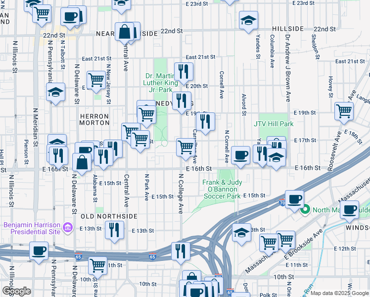 map of restaurants, bars, coffee shops, grocery stores, and more near 1704 North College Avenue in Indianapolis