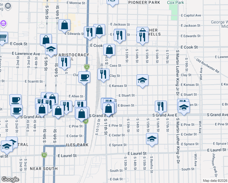 map of restaurants, bars, coffee shops, grocery stores, and more near 1151 East Kansas Street in Springfield