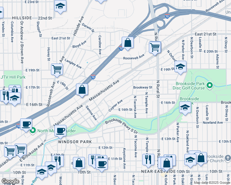 map of restaurants, bars, coffee shops, grocery stores, and more near 2243 Massachusetts Avenue in Indianapolis