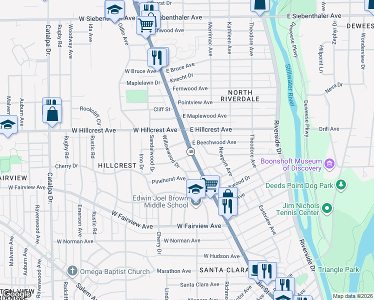 map of restaurants, bars, coffee shops, grocery stores, and more near 2805 North Main Street in Dayton