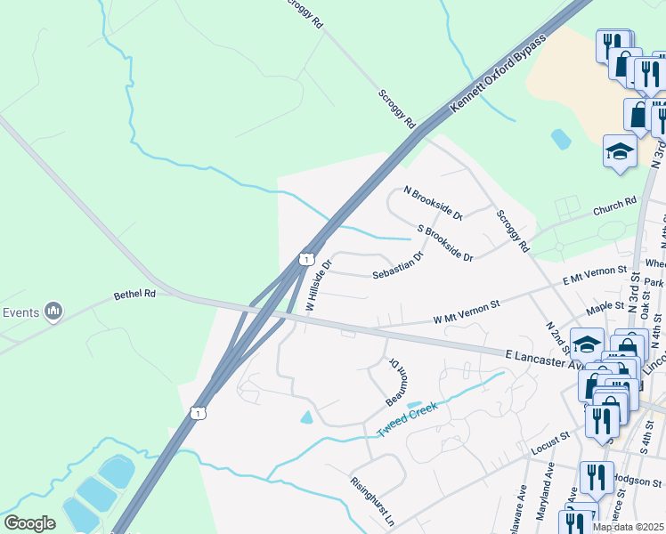 map of restaurants, bars, coffee shops, grocery stores, and more near 101 Sebastian Drive in Oxford