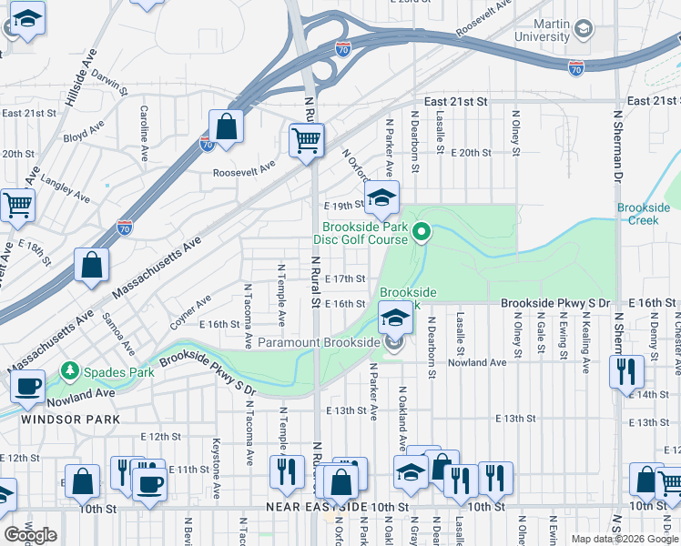 map of restaurants, bars, coffee shops, grocery stores, and more near 1725 North Oxford Street in Indianapolis