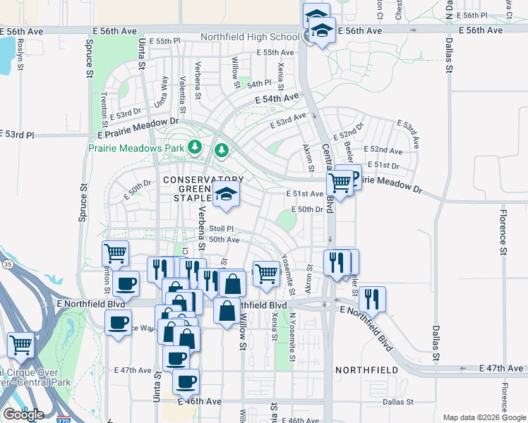 map of restaurants, bars, coffee shops, grocery stores, and more near 5064 Willow Street in Denver