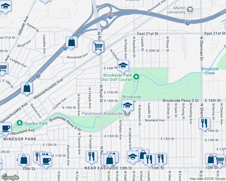 map of restaurants, bars, coffee shops, grocery stores, and more near 1725 North Oxford Street in Indianapolis