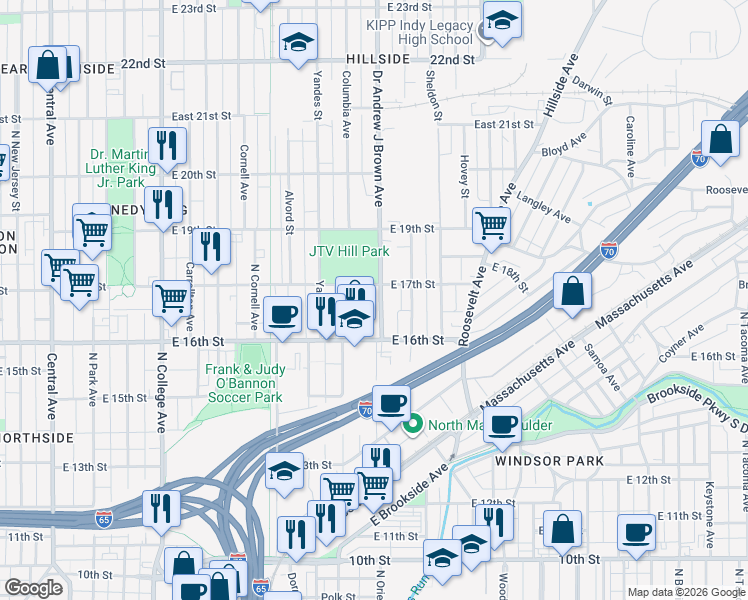 map of restaurants, bars, coffee shops, grocery stores, and more near 1317 East 17th Street in Indianapolis
