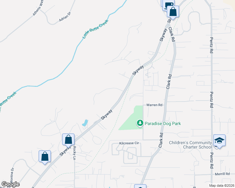 map of restaurants, bars, coffee shops, grocery stores, and more near 8917 Skyway in Paradise