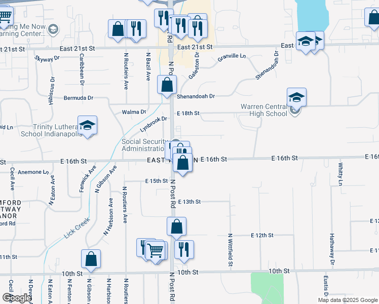 map of restaurants, bars, coffee shops, grocery stores, and more near 9020 East 16th Street in Indianapolis