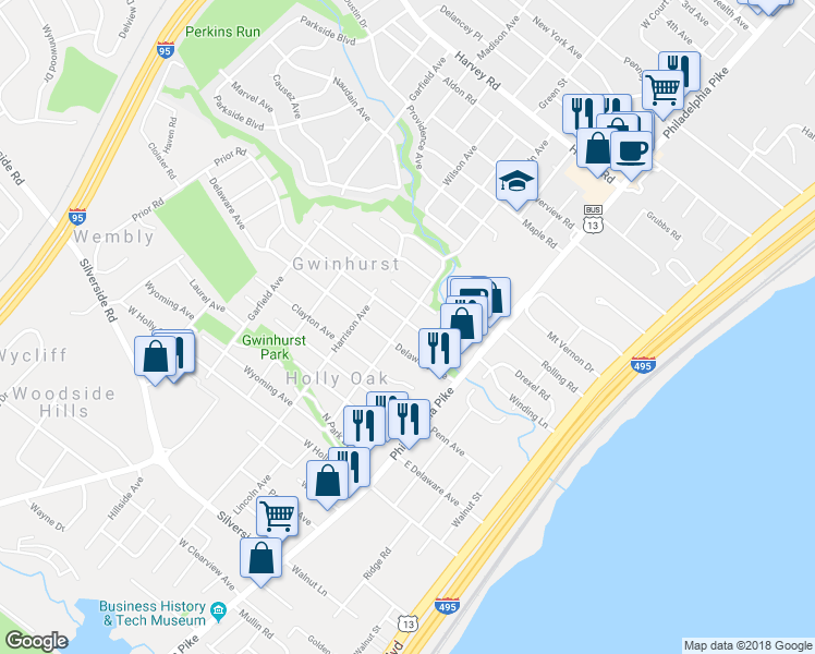 map of restaurants, bars, coffee shops, grocery stores, and more near 2205 Lincoln Avenue in Wilmington