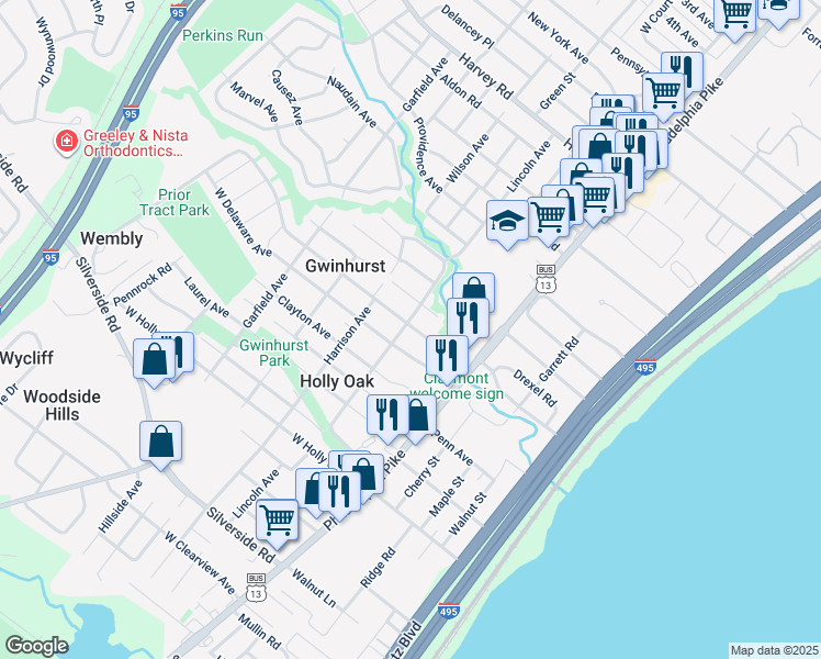 map of restaurants, bars, coffee shops, grocery stores, and more near 2205 Lincoln Avenue in Wilmington