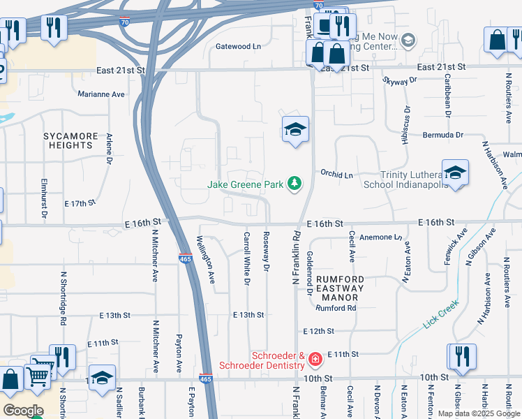map of restaurants, bars, coffee shops, grocery stores, and more near 1632 Queensbridge Square in Indianapolis