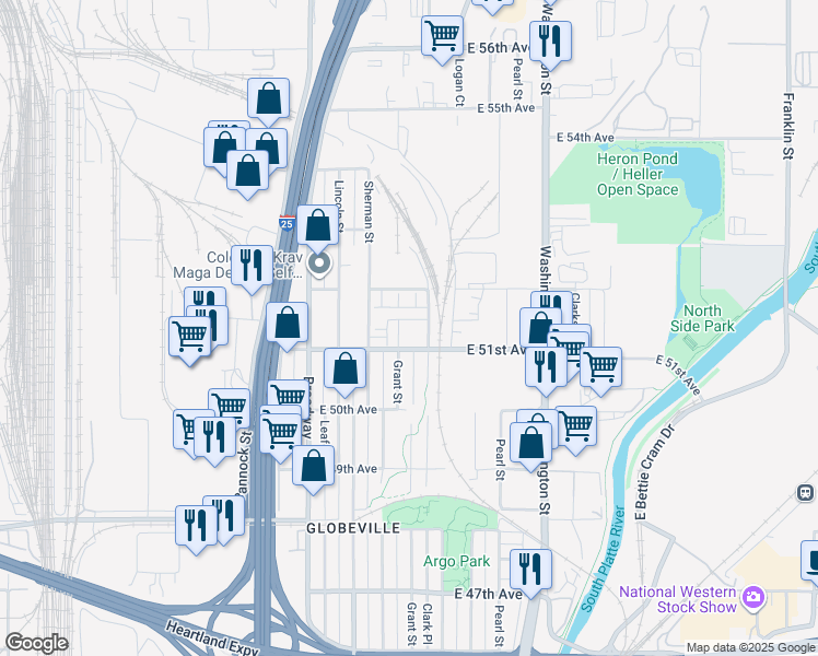 map of restaurants, bars, coffee shops, grocery stores, and more near 351 East 51st Avenue in Denver