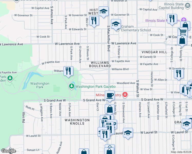 map of restaurants, bars, coffee shops, grocery stores, and more near 1035-1299 Williams Boulevard in Springfield
