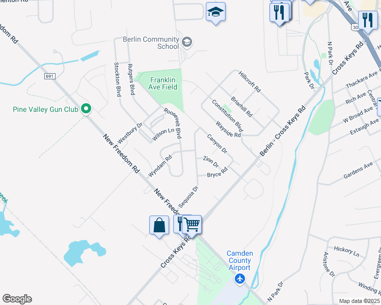 map of restaurants, bars, coffee shops, grocery stores, and more near 155 Sequoia Drive in Berlin