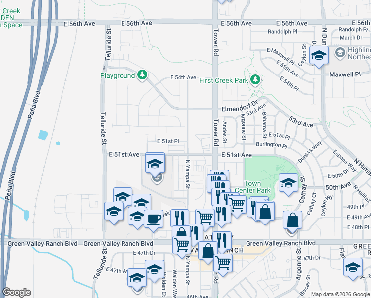 map of restaurants, bars, coffee shops, grocery stores, and more near 18294 East 52nd Avenue in Denver