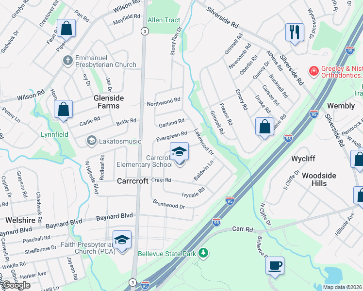 map of restaurants, bars, coffee shops, grocery stores, and more near 1225 Evergreen Road in Wilmington