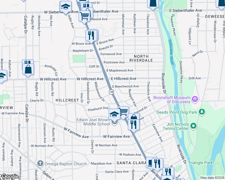 map of restaurants, bars, coffee shops, grocery stores, and more near in Dayton