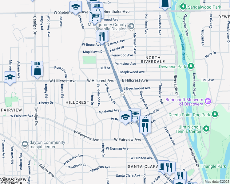 map of restaurants, bars, coffee shops, grocery stores, and more near 2805 North Main Street in Dayton