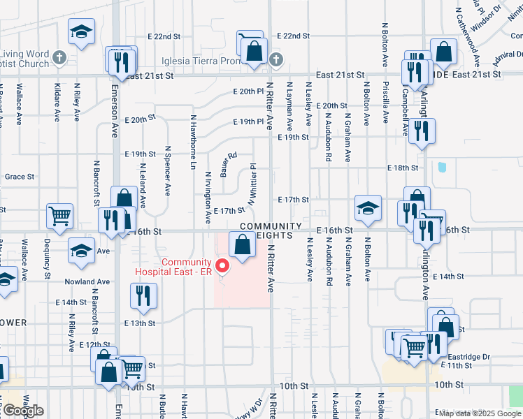 map of restaurants, bars, coffee shops, grocery stores, and more near 1725 North Whittier Place in Indianapolis