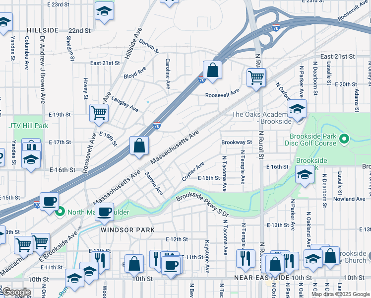 map of restaurants, bars, coffee shops, grocery stores, and more near 2243 Massachusetts Avenue in Indianapolis