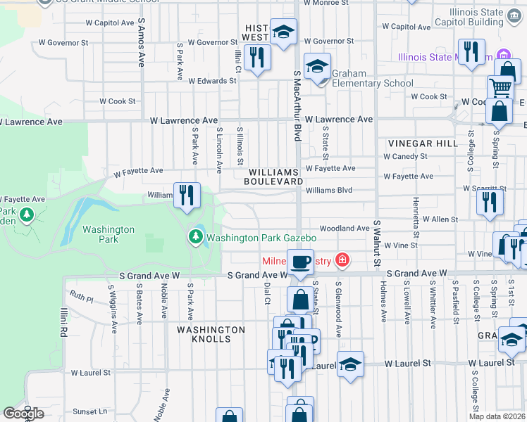 map of restaurants, bars, coffee shops, grocery stores, and more near 1035-1299 Williams Boulevard in Springfield
