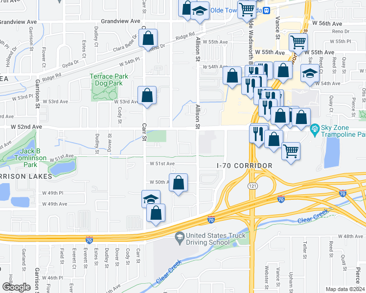 map of restaurants, bars, coffee shops, grocery stores, and more near 8123 West 51st Place in Arvada