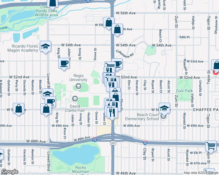map of restaurants, bars, coffee shops, grocery stores, and more near 5115 North Federal Boulevard in Denver