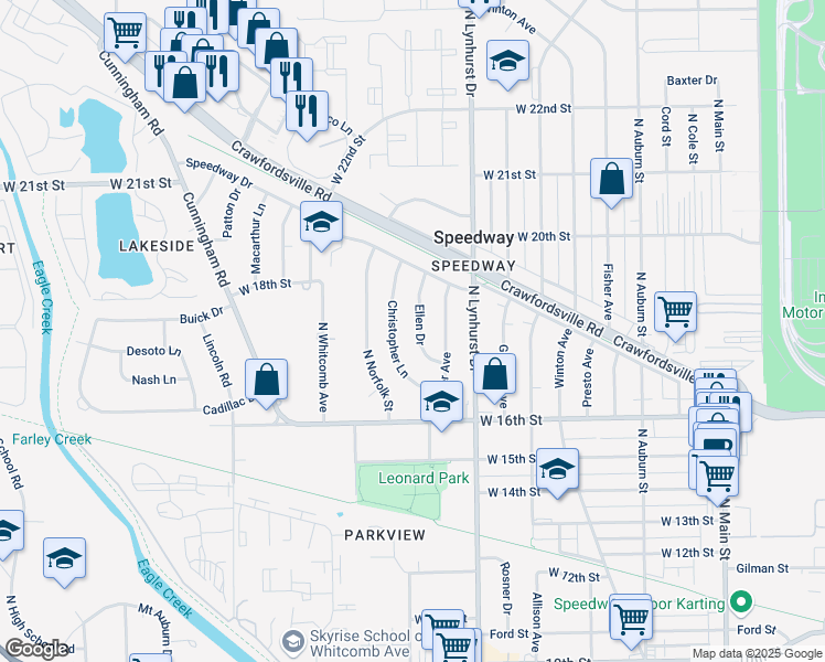 map of restaurants, bars, coffee shops, grocery stores, and more near 1758 Ellen Drive in Speedway
