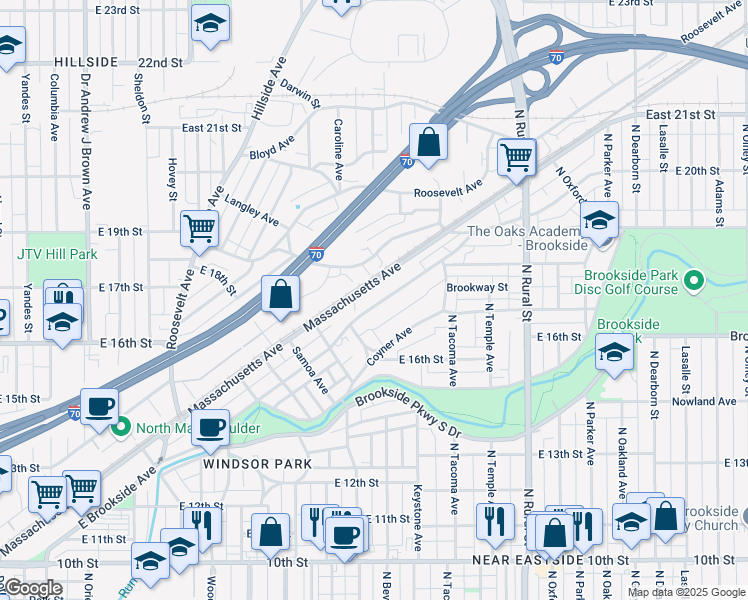 map of restaurants, bars, coffee shops, grocery stores, and more near 2243 Massachusetts Avenue in Indianapolis
