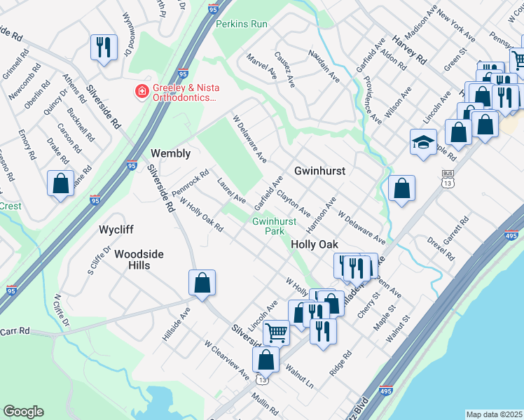 map of restaurants, bars, coffee shops, grocery stores, and more near 1900 Garfield Avenue in Wilmington