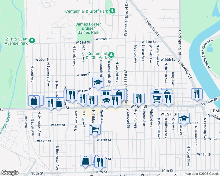 map of restaurants, bars, coffee shops, grocery stores, and more near 3310 West 18th Street in Indianapolis