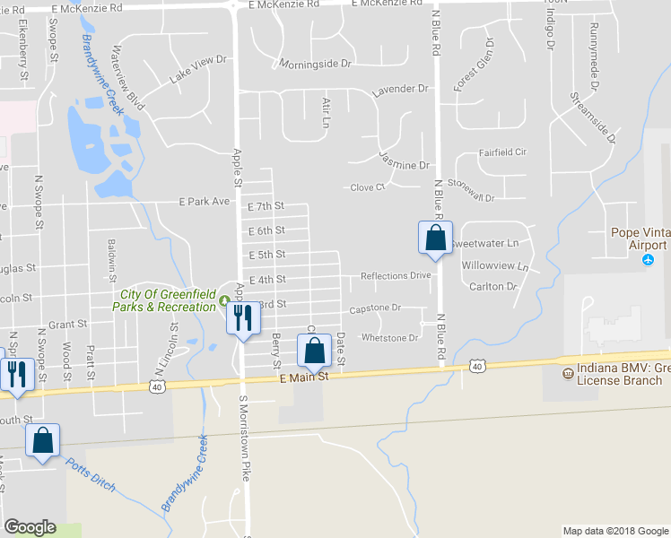 map of restaurants, bars, coffee shops, grocery stores, and more near 1226 East 4th Street in Greenfield