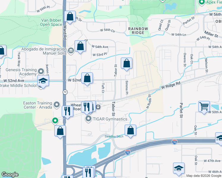 map of restaurants, bars, coffee shops, grocery stores, and more near 11818 West 52nd Avenue in Wheat Ridge