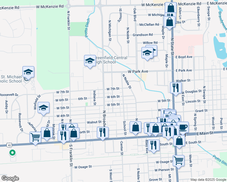 map of restaurants, bars, coffee shops, grocery stores, and more near 608 West 7th Street in Greenfield