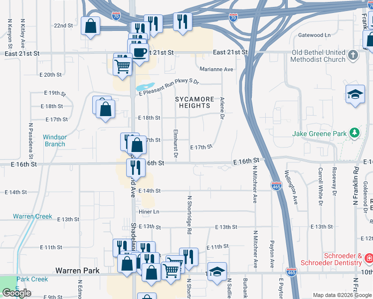 map of restaurants, bars, coffee shops, grocery stores, and more near 1635 Elmhurst Drive in Indianapolis