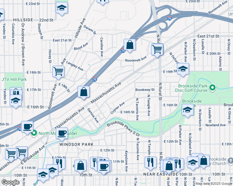 map of restaurants, bars, coffee shops, grocery stores, and more near 2243 Massachusetts Avenue in Indianapolis