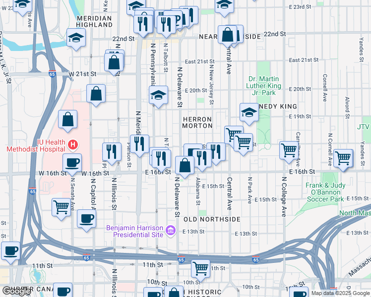 map of restaurants, bars, coffee shops, grocery stores, and more near 1710 North Delaware Street in Indianapolis