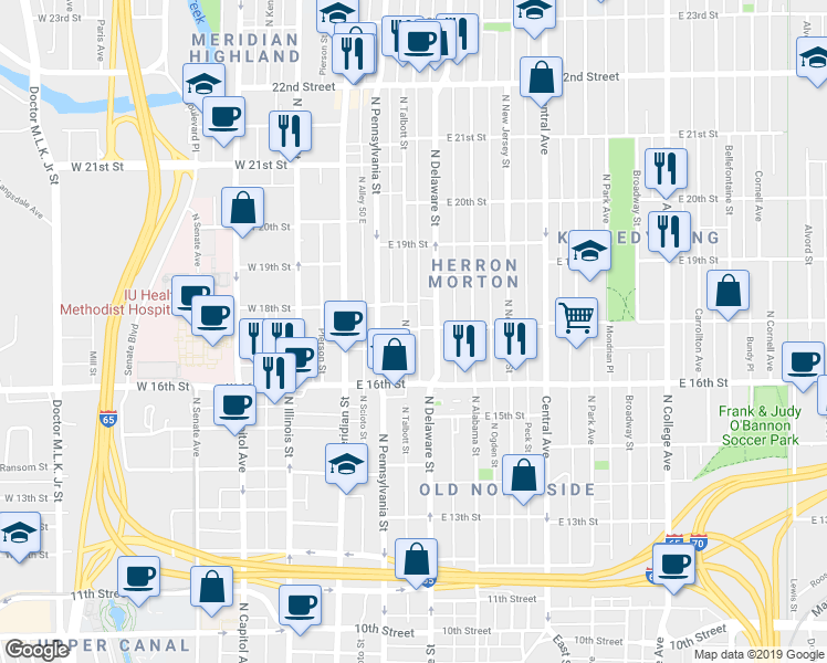map of restaurants, bars, coffee shops, grocery stores, and more near 1710 North Delaware Street in Indianapolis