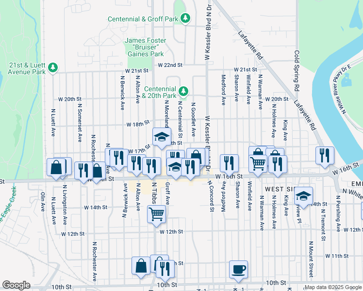 map of restaurants, bars, coffee shops, grocery stores, and more near 3310 West 18th Street in Indianapolis