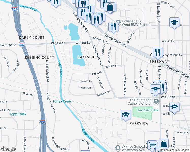 map of restaurants, bars, coffee shops, grocery stores, and more near 5826 Buick Drive in Speedway