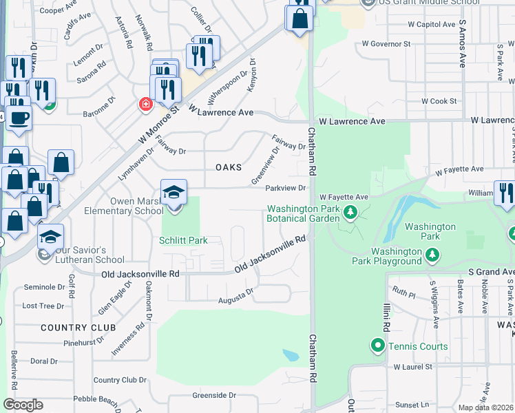 map of restaurants, bars, coffee shops, grocery stores, and more near 14-2098 Parkview Drive in Springfield