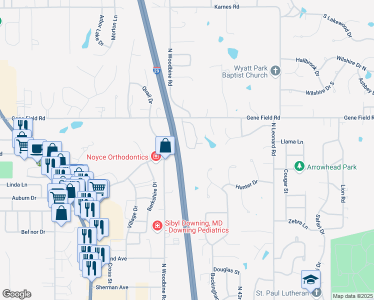 map of restaurants, bars, coffee shops, grocery stores, and more near 2507 West Woodlands in Saint Joseph