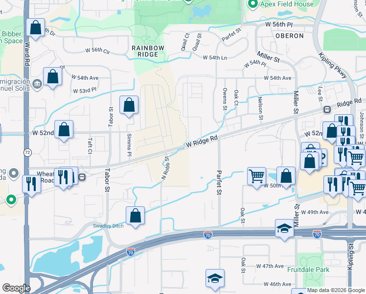 map of restaurants, bars, coffee shops, grocery stores, and more near 11333 West Ridge Road in Arvada