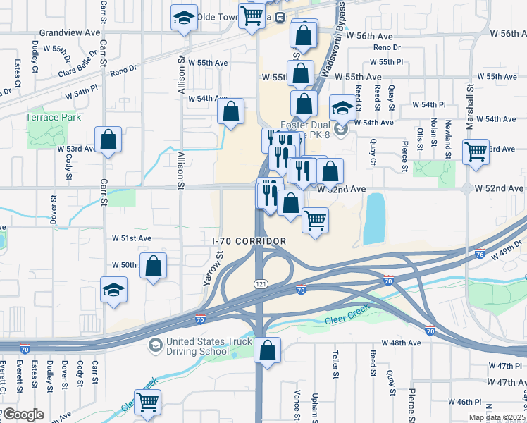map of restaurants, bars, coffee shops, grocery stores, and more near in Arvada