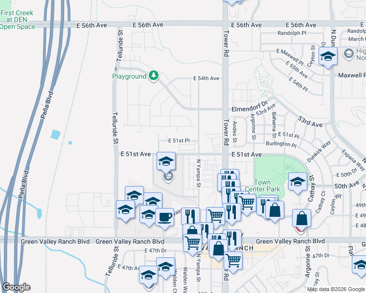 map of restaurants, bars, coffee shops, grocery stores, and more near 18207 East 51st Avenue in Denver