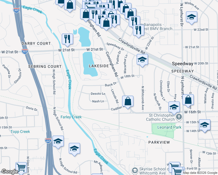 map of restaurants, bars, coffee shops, grocery stores, and more near 5826 Buick Drive in Speedway