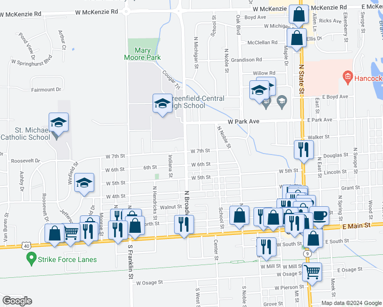 map of restaurants, bars, coffee shops, grocery stores, and more near 715 West 7th Street in Greenfield